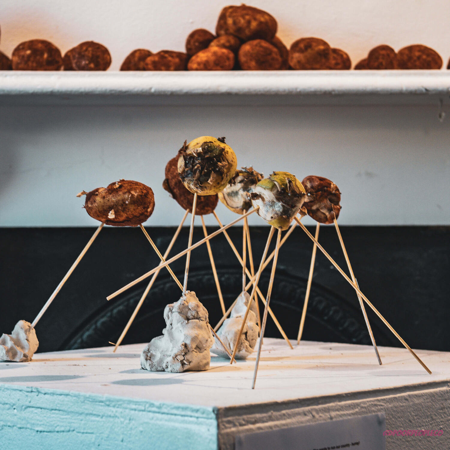 Smug, happy, angry, formal, sly, sad Potato Man wants to run our country - hurray! , rotten potatoes, skewers, needles, clay, 2025, Milla Watts @m_ r_ c_ w_